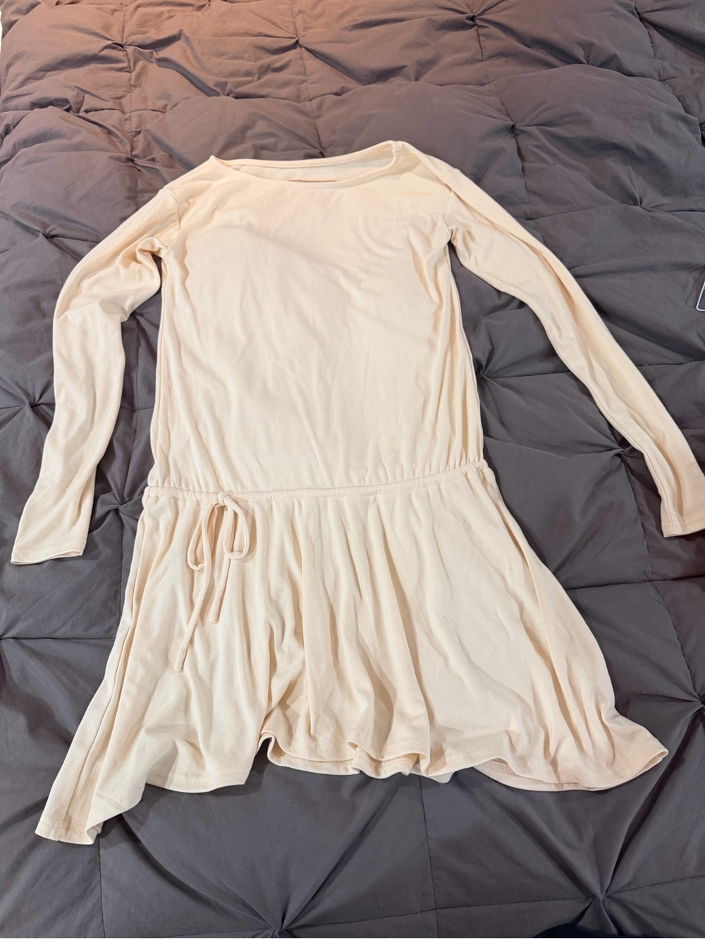 Long Sleeve Drawstring Waist Dress in Light Cream